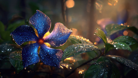 This image showcases a striking blue flower in full bloom, adorned with glistening water droplets. The composition includes rich green foliage, with dappled light creating a soft, warm glow. This visual could be utilized for various creative projects such as artistic illustrations or nature-themed designs.の素材