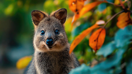 A curious quokka gazes directly at the viewer, its features sharply defined against a blurred backdrop of greenery and orange leaves. The image presents a shallow depth of field, emphasizing the animalの素材