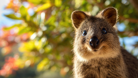 A close-up shot captures a quokka, its face showing a gentle expression. The animal's fur appears textured, with warm brown tones contrasted by the blurred background of vibrant green and orange leaves. The natural lighting suggests an outdoor setting, potentially useful for projects related to wildlife or nature conservation.の素材