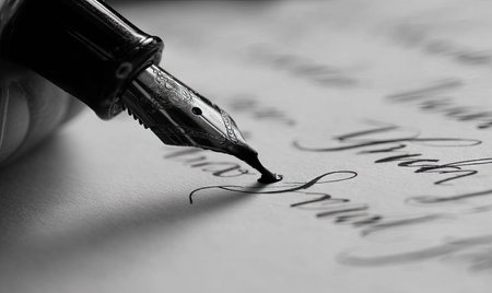 An overhead view displays a pen in the process of writing on paper. The composition showcases elegant calligraphy with a shallow depth of field. The scene is illuminated by soft lighting, suggesting an indoor setting. Potential uses include editorial content related to writing, design, or education.の素材