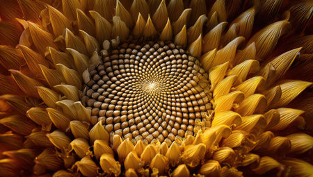 This image showcases a detailed view of a sunflower's center, exhibiting a mesmerizing spiral arrangement. The image features golden-yellow petals surrounding the intricate core, highlighted by the use of soft lighting. This composition offers a striking visual, suitable for various editorial and commercial applications.の素材