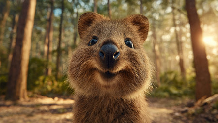 A cheerful quokka is captured in a close-up, its face displaying a friendly expression. The animal's brown fur contrasts against a blurred background of green trees and warm sunlight filtering through the canopy. The image presents a gentle, inviting scene suitable for various commercial and editorial applications.の素材