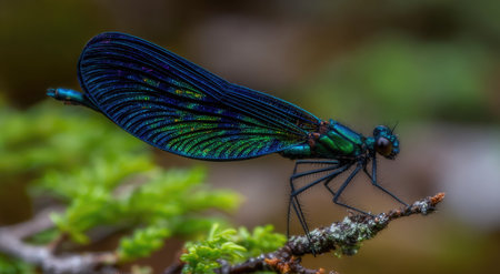 This image showcases a detailed view of a dragonfly resting on a branch. The insect displays iridescent blue and green hues against a blurred green backdrop. The shot features natural lighting and selective focus. Suitable for nature-themed projects, educational content, or illustrative purposes.の素材