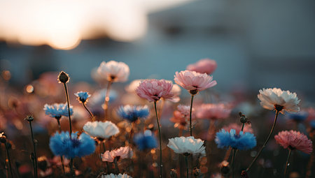 A field of vibrant flowers blooms under a soft, diffused light, suggesting a daytime setting. The image showcases a range of colors, with delicate petals and blurred backgrounds. This picturesque scene is suitable for various commercial purposes, including editorial content and decorative design.の素材