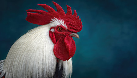 A close-up shot features a rooster with striking red comb, wattle, and beak contrasted by white and grey feathers. The bird is set against a blurred teal background. The image has a sharp focus and natural lighting, suitable for various editorial and commercial applications. The composition emphasizes the rooster's head and upper body.の素材