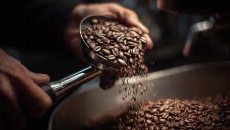 This image showcases hands handling roasted coffee beans. The beans are being poured from a metal scoop into a metal container. The composition emphasizes the texture and color of the beans, possibly suggesting the preparation or processing of coffee. It might be used for marketing, advertising, or educational purposes.の素材