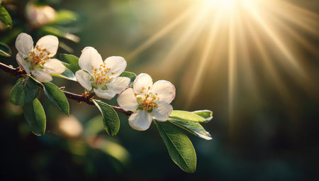 A close-up showcases pristine white flowers blossoming on a branch, illuminated by radiant sunlight. The composition highlights the flowers and green leaves against a blurred background. This image could be used for various purposes, including editorial content or commercial design projects. It presents a serene and natural aesthetic.の素材