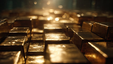 This image showcases a close-up perspective of numerous golden bars, likely in a vault or similar setting. The composition emphasizes the texture and sheen of the metal, enhanced by warm lighting. This visual could be utilized in commercial projects, emphasizing themes of value, finance, or investment.の素材