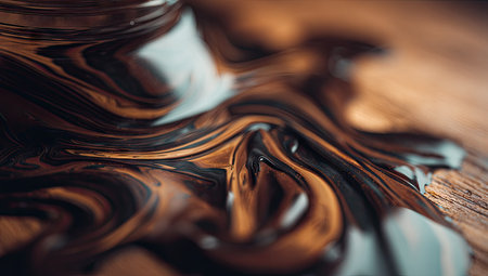 This image features a close-up of a dark, flowing liquid, possibly a food product, on a textured wooden surface. The liquid displays swirling patterns and highlights, suggesting a smooth consistency. The composition and lighting create a sense of depth. Suitable for commercial or editorial applications, the image is versatile.の素材