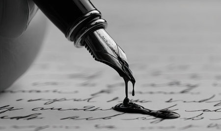 This black and white image features a fountain pen with ink droplets. The pen is positioned over a handwritten paper. The image showcases textures, contrasts, and detail. The composition focuses on the pen's nib and ink, suggesting creativity. Suitable for editorial and commercial projects.の素材