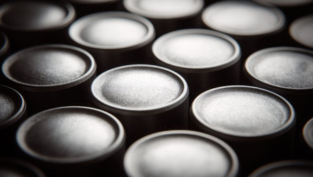 This image presents a close-up of numerous, uniformly shaped metallic objects. The monochrome color palette, highlighted by various shades of gray, creates depth and contrast. The overhead lighting emphasizes the textures, and the composition suggests a pattern. It could be used in design projects or conceptual presentations.の素材