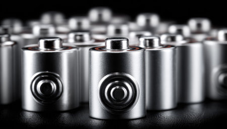 Numerous metallic batteries are arranged in a close-up against a dark background, creating a visually compelling pattern. The cylindrical objects display a consistent metallic sheen, suggesting a clean and modern aesthetic. The arrangement is suitable for concepts related to power, energy, technology, and electronics. This image could be utilized in various commercial and editorial contexts.の素材
