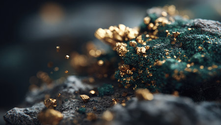 This image showcases a close-up of a mineral formation. It features a dark background, and the main subject is highlighted by gold and green textures. The overall composition suggests a natural environment and could be used for various commercial or editorial purposes.の素材