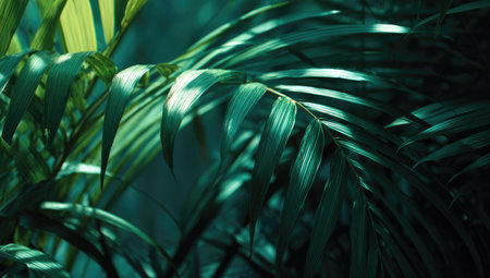 This image showcases a close-up view of lush green palm leaves, their textures and forms accentuated by shadows and sunlight. The composition focuses on natural elements, featuring a play of light and shadow. Ideal for various creative projects, this image may be suitable for botanical, decorative, or environmental themes.の素材