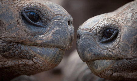 This image showcases a close-up of two tortoise faces, highlighting their textured skin and dark eyes. The composition focuses on the subjects with a shallow depth of field, implying an outdoor setting. The neutral tones and detailed features suggest potential use for educational content or wildlife publications.の素材