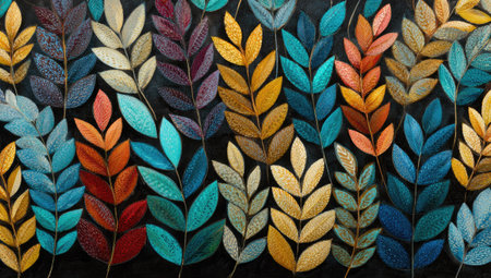 This image presents a vibrant composition of stylized leaves in various colors arranged against a dark background. The artwork features a repeating pattern with detailed textures and a focus on color variation. It could be suitable for decorative prints, textile designs, or other creative applications.の素材