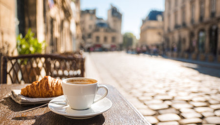 A cup of coffee and a croissant rest on a table in an outdoor setting. The image displays warm tones and soft lighting. The composition features a shallow depth of field, with a blurred street and buildings in the background. Suitable for various editorial and commercial applications.の素材