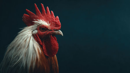 A detailed portrait showcases a rooster with striking red comb and wattle, juxtaposed against white and orange plumage. The composition uses dramatic lighting, highlighting the textures of the feathers. This image could be used for various purposes, including editorial content or stock imagery related to nature.の素材