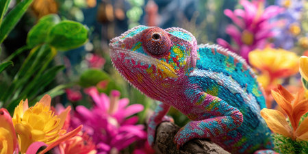 A vibrant chameleon is depicted amidst a bright floral arrangement. The reptile showcases a blend of pink, blue, and yellow hues. The composition features a shallow depth of field, emphasizing the intricate details. Suitable for various design projects and editorial content, the image captures the beauty of nature.の素材