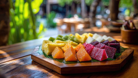A diverse array of colorful fruit cubes arranged on a wooden serving platter. The image showcases various hues and textures of fresh produce. Natural lighting highlights the arrangement, creating a visually appealing composition. Suitable for commercial projects emphasizing healthy eating and culinary content.の素材