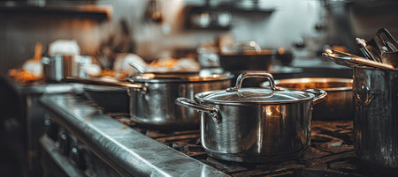 Stainless steel cooking pots and utensils are visible on a stove. The photograph shows a kitchen interior with blurred background elements. The image features a shallow depth of field, highlighting the metallic texture and warm lighting. It could be suitable for food-related projects or restaurant concepts.の素材