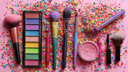 An overhead shot presents assorted cosmetic products against a vibrant confetti backdrop. Makeup brushes, palettes, and compacts are displayed, exhibiting a diverse array of colors. The style is bright and cheerful, with soft lighting enhancing the visual appeal. Suitable for advertising, beauty blogs, or articles related to cosmetics.の素材