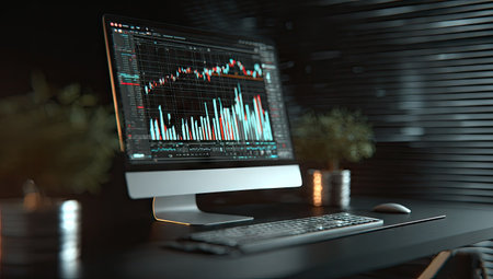 A computer monitor showcases financial data charts in a dimly lit office environment. The image features a modern computer setup, including a keyboard, mouse, and decorative elements. The scene incorporates a dark color palette with a focus on data visualization. Suitable for commercial applications such as articles or advertising.の素材