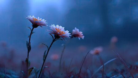 The image showcases delicate wildflowers in full bloom. The composition features a shallow depth of field, with the flowers in focus against a blurred blue background. Soft sunlight bathes the scene, highlighting the textures and colors. This image is suitable for various commercial uses, including artistic designs and nature-themed projects.の素材