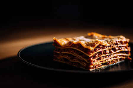 A close-up shot showcases a portion of freshly prepared lasagna, presented on a dark-colored plate. The dish displays layers of pasta, sauce, and fillings. Overhead lighting illuminates the textures, producing a warm color palette. This image may be suitable for culinary publications and advertising.の素材