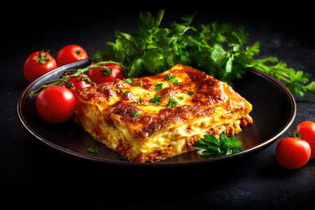 A close-up shot presents a hearty portion of lasagna with a golden-brown crust, surrounded by ripe red tomatoes and green parsley. The image showcases textures, from the layered pasta to the fresh produce. The scene is set on a dark plate, suggesting an indoor, possibly restaurant setting, suitable for culinary or food-related content.の素材