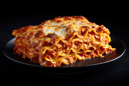 A close-up shot presents a hearty lasagna, layered with pasta, meat sauce, and melted cheese, atop a black plate. The image showcases textures, from the layered noodles to the bubbling cheese, set against a dark, contrasting background. Suitable for culinary, food, and recipe related visuals.の素材