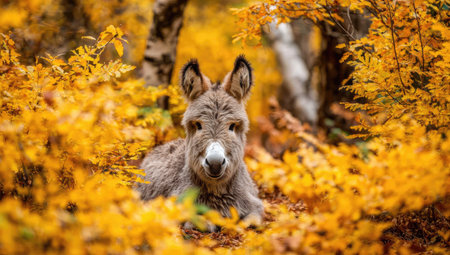 A close-up captures a donkey amidst vibrant autumn leaves, dominated by warm yellows and oranges. The image showcases the animal's face, with a shallow depth of field, set against a blurred background of trees. This picturesque scene could be used for nature-themed projects, educational content, or illustrative purposes.の素材