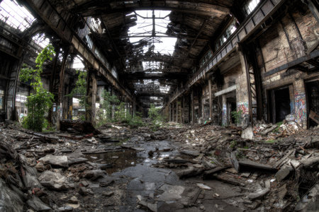 An interior view depicts a heavily damaged industrial structure. The scene is filled with debris, with broken walls and a collapsed roof allowing sunlight to stream in. Patches of green vegetation are growing among the ruins. The image has a dark, dramatic mood and could be used for conceptual or artistic purposes.の素材