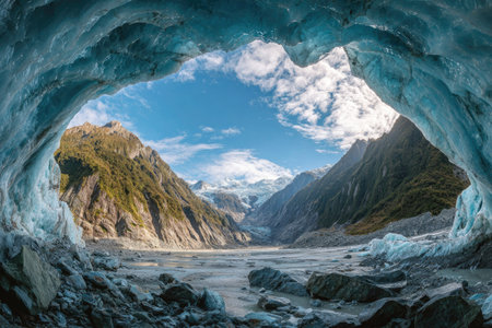 An ice cave provides a framed view of a mountain range with peaks under a bright blue sky filled with clouds. The cavern displays icy blue textures and forms, while the landscape beyond showcases green and brown mountains, hinting at a natural environment. Suitable for editorial or commercial content.の素材