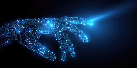A digital hand comprised of circuit lines and nodes extends, emanating a bright blue light. The image features a dark background, creating a contrast to the glowing elements. This conceptual artwork could be used in projects related to technology, future innovation, and digital connectivity, among others.の素材