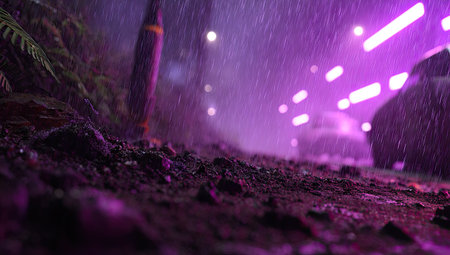 A close-up view presents wet, dark ground with hints of foliage in a rainy environment. The composition features a blurred background illuminated by vibrant purple lights, suggesting a nighttime urban or industrial setting. This image is suitable for artistic projects, atmospheric visuals, and commercial content.の素材