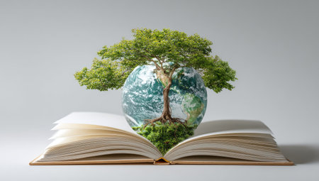 An open book displays a miniature earth globe with a thriving tree, symbolizing knowledge, environment and growth. The image uses a clean, light background and shows vibrant colors of green and blue, and has soft lighting. This imagery is suitable for editorial projects about education, sustainability, and global awareness.の素材