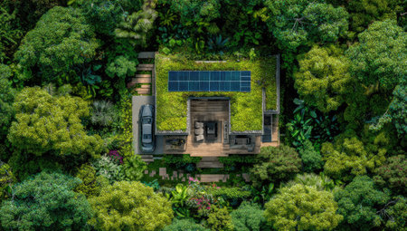 An overhead view reveals an eco-friendly dwelling nestled within vibrant green foliage. The building features a green roof and solar panels, emphasizing sustainability. The composition displays various shades of green, with natural textures and abundant sunlight. This image is suitable for environmental, architectural, or lifestyle-related commercial projects.の素材