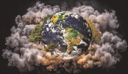 The image depicts Earth enveloped in a cloud of pollution, highlighting environmental issues. The composition features the planet at the center, surrounded by dense, greyish clouds. Trees peek through the clouds. The lighting is diffused, casting shadows that emphasize the textures. This image could be used in various commercial or editorial contexts concerning the environment.の素材