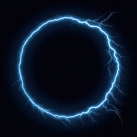 An electric blue lightning ring illuminates against a stark black background. The image presents a high-contrast visual with dynamic energy, showing branching lines of light. The composition features a circular element suggesting a conceptual portal. Suitable for diverse applications including design, technology, or abstract themes.の素材