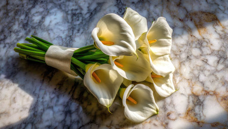 A close-up showcases a bouquet of white calla lilies, elegantly arranged and tied with a ribbon. The flowers display a soft texture and delicate form, set against a marbled surface with subtle light and shadow. The image is suitable for various commercial uses, including decorative, or editorial content.の素材