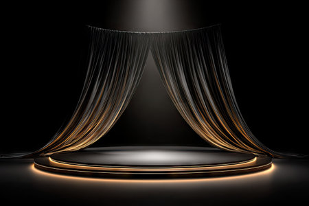 A dark, dramatic stage is highlighted by a central spotlight, emphasizing a circular platform. Flowing dark curtains frame the scene, with subtle golden accents adding contrast. The image's composition creates a sense of depth and focus, ideal for presentations or commercial promotion of products or concepts.の素材