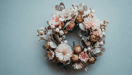 A close-up captures a circular floral arrangement against a plain, light blue surface. The wreath features a mix of dried flowers in shades of peach, cream, and brown. Soft lighting highlights the textures of petals and foliage. This image can be suitable for various design, decorative, or artistic purposes.の素材