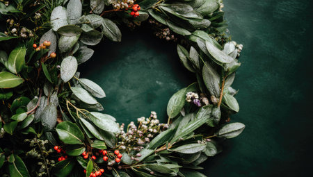 A vibrant green foliage wreath is displayed against a dark backdrop. The composition features a circular arrangement of leaves, berries, and delicate flowers. The image showcases natural textures and colors, with soft lighting enhancing the details. Suitable for commercial projects or editorial use related to celebrations and design.の素材