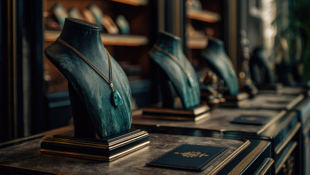 The image features a row of mannequin busts displaying necklaces within a retail setting. The composition showcases detailed craftsmanship and luxurious items. The lighting accentuates the rich colors and textures, suggesting an indoor environment. This image could be utilized for advertising or editorial content related to fashion and accessories.の素材