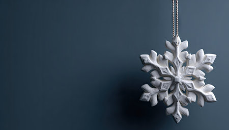 A close-up view presents a pristine white snowflake ornament suspended by a delicate string against a solid dark blue backdrop. The symmetrical design exhibits intricate patterns, highlighting textures and forms. The lighting emphasizes shadows and dimensions. Suitable for holiday themes, seasonal visuals, and design projects.の素材