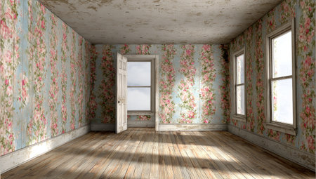 An interior shot features an empty room with floral wallpaper and wooden floorboards. The room is illuminated by natural light entering through windows, casting shadows. The composition, style, and lighting suggest potential uses for design, decoration, or editorial content related to home decor and vintage themes.の素材