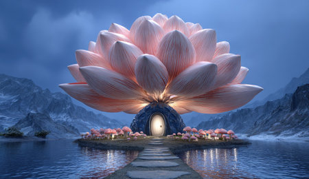 A digital rendering showcases a whimsical lotus flower structure serving as a dwelling. Soft pastel colors and smooth textures dominate the scene. The composition is centered around the flower-house set in a serene lake environment. This conceptual image may be suitable for illustrations or design purposes.の素材