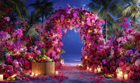 A vibrant, floral archway dominates the scene, overflowing with magenta and pink blossoms. Tropical fruits are arranged in a wooden container. Soft lighting from candles casts a warm glow. The composition features a symmetrical design, suggesting an outdoor setting at dusk or night, suitable for various editorial and promotional purposes.の素材