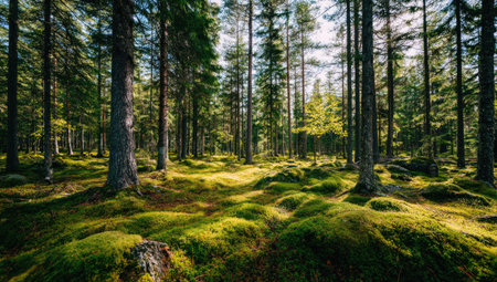 A dense forest scene displays numerous tall trees with green foliage under natural sunlight. The composition features a lush ground covering of moss, creating a textured foreground. The image presents a natural outdoor environment, suitable for various commercial uses, including illustrations and editorial content.の素材